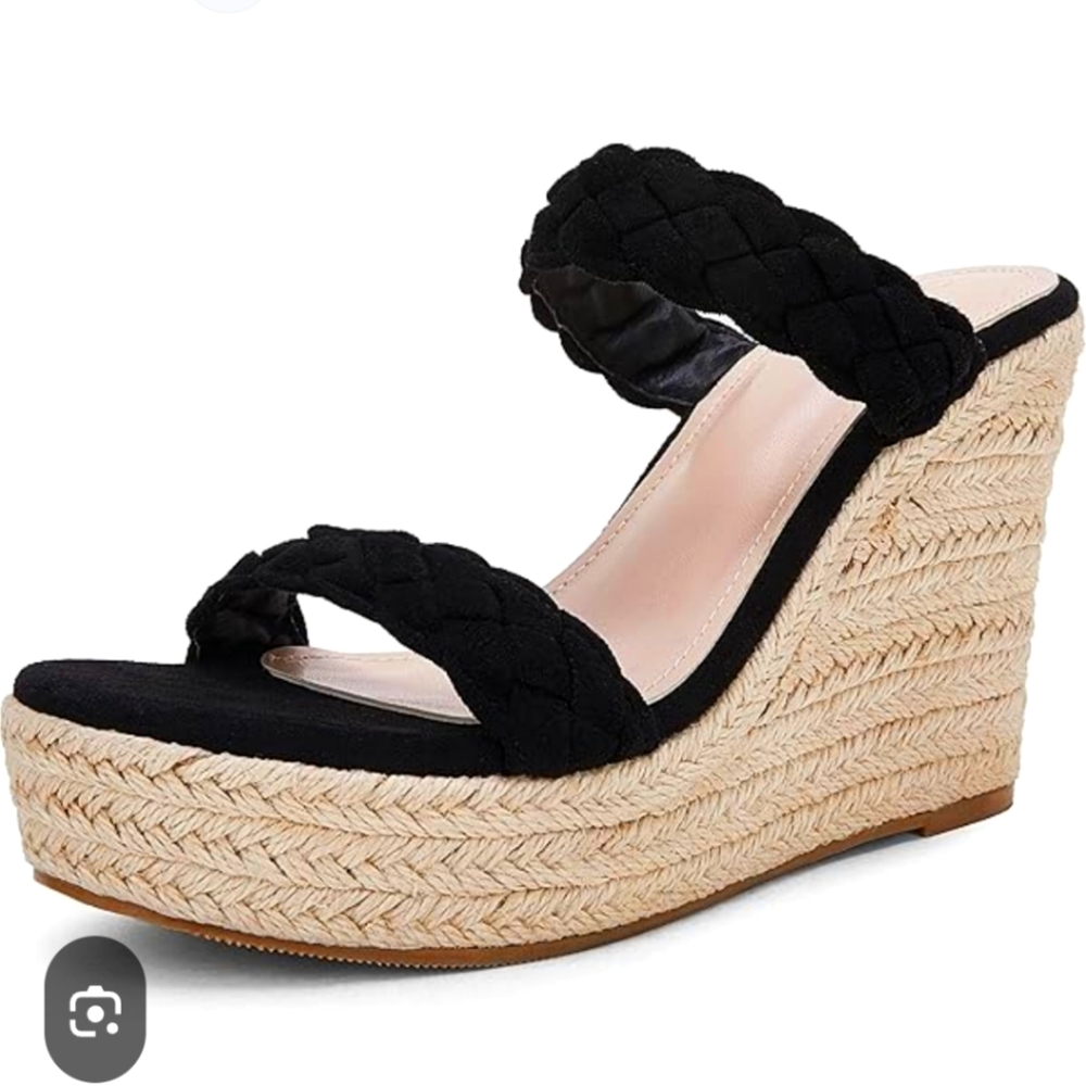 Braided Black Wedge Espadrille Platform Sandals Size 7